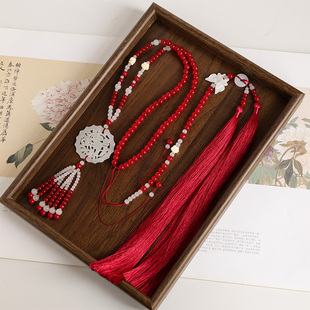 新年红色璎珞马面裙吊坠流苏汉服长背云项圈国风项链毛衣链配饰品