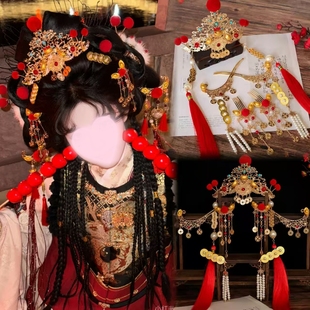 财神发冠发饰古风元宝发夹铜钱发钗汉服新年头饰红色毛球喜庆配饰