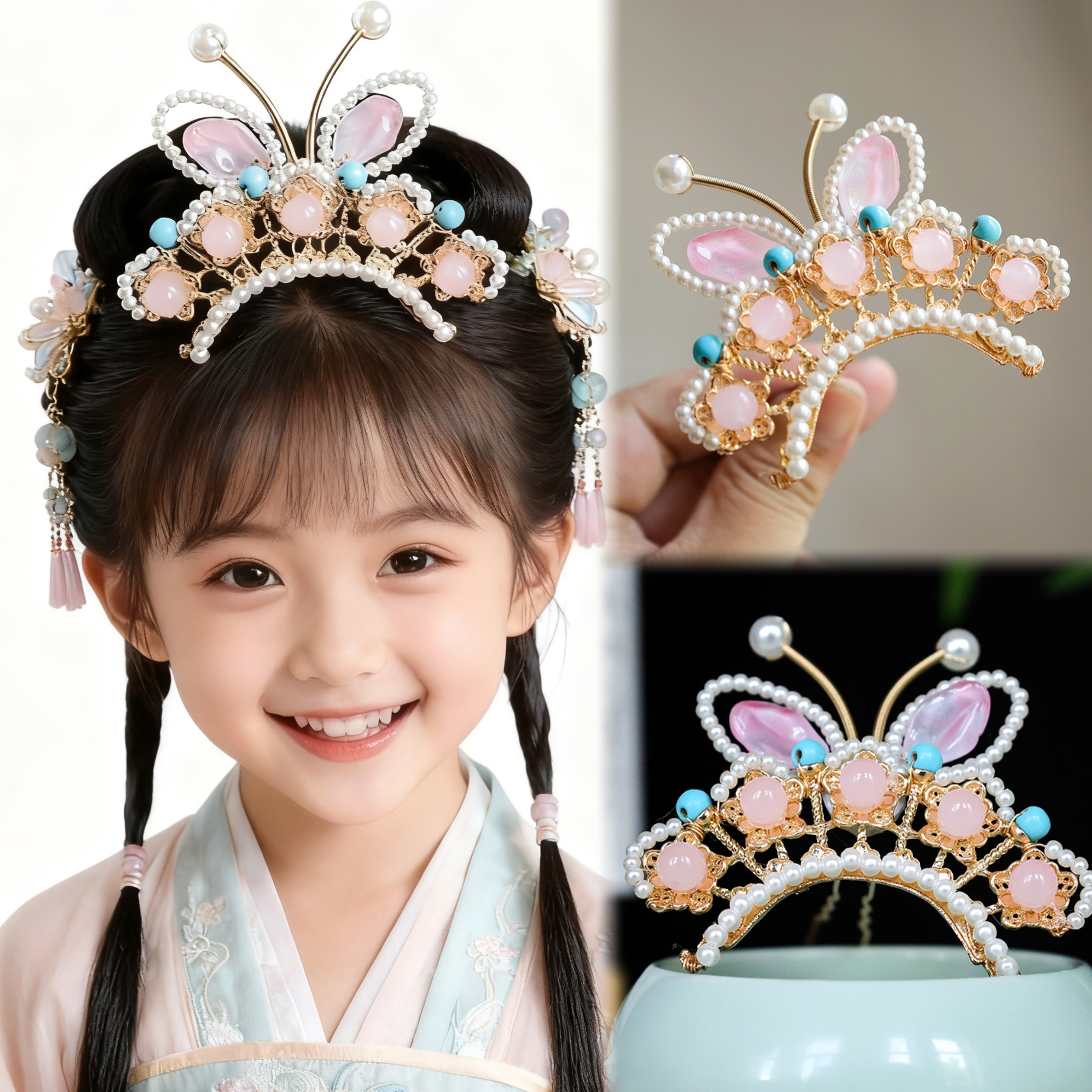 古风发冠汉服超仙温柔气质头饰粉色蝴蝶发钗掩鬓小钗唐风明制头饰