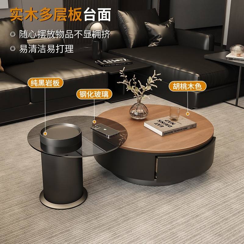 式意古风茶胡木厅代家桃客用现轻奢形圆71738木中茶几高实级感小