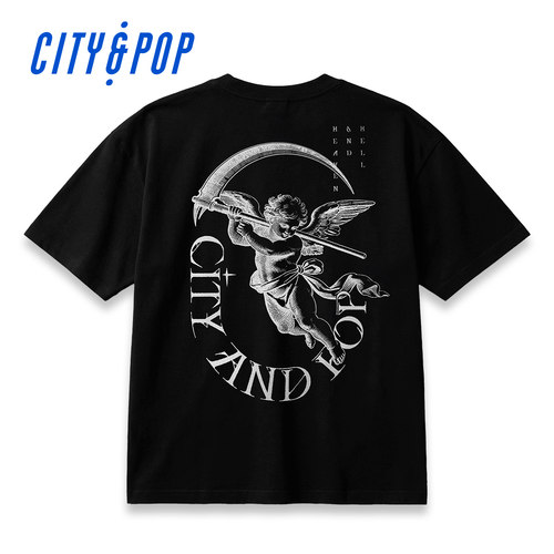 CITYandPOP® 天使印花短袖T恤 街头滑板 天使与魔鬼 纯棉T恤