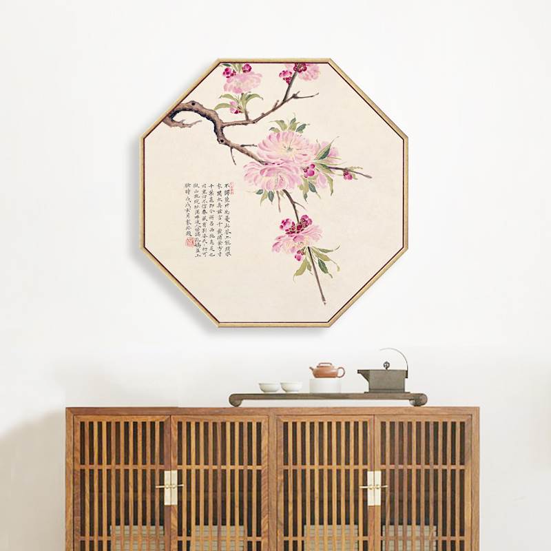 新中式工笔手绘花卉国画装饰画客厅书房挂画多边形墙画餐厅壁画图片
