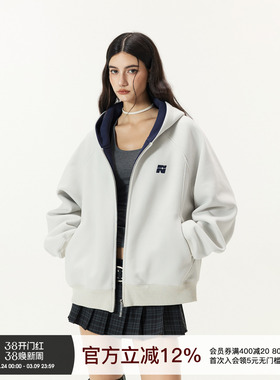 FORNINES双拉链撞色刺绣开衫卫衣男生春季重磅运动白色连帽外套女