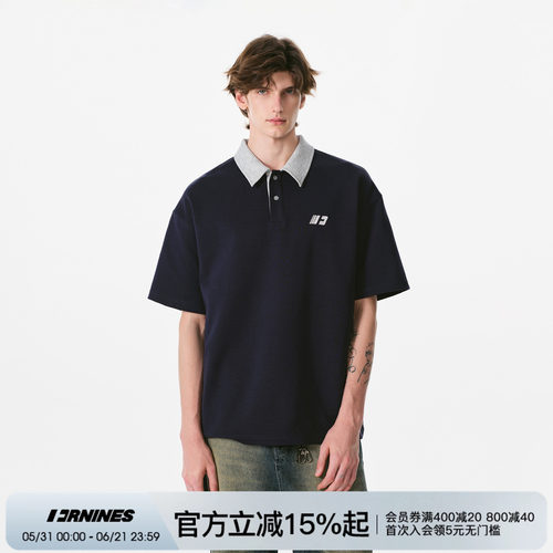 FORNINES撞色刺绣短袖t恤男女夏季宽松藏青情侣装翻领POLO衫上衣