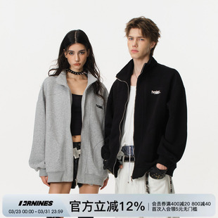 FORNINES重磅刺绣开衫 加绒春秋休闲cleanfit厚外套女 灰色卫衣男款