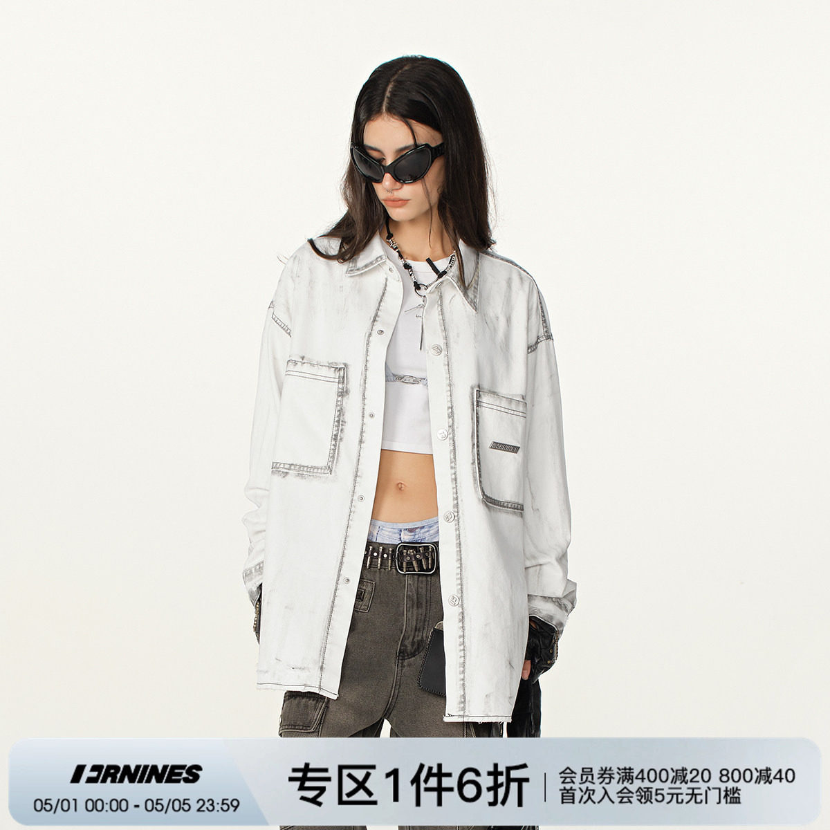 FORNINES美式废土风工装牛仔衬衫男女潮牌春季款新款高街夹克外套