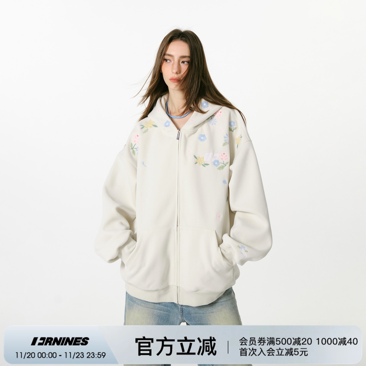 FORNINES刺绣卫衣男2025秋冬新款宽松情侣加绒连帽开衫加厚外套女