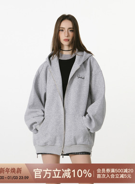 FORNINES刺绣国潮开衫灰色卫衣男生秋冬情侣加绒加厚外套女连帽衫