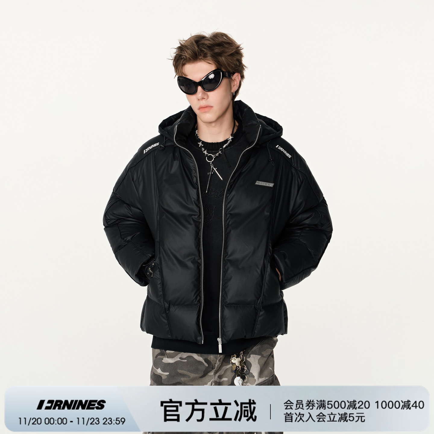 FORNINES皮面可拆卸帽羽绒服