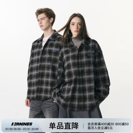 FORNINES春秋刺绣上衣情侣格子衬衣国潮2025复古磨毛长袖衬衫男女