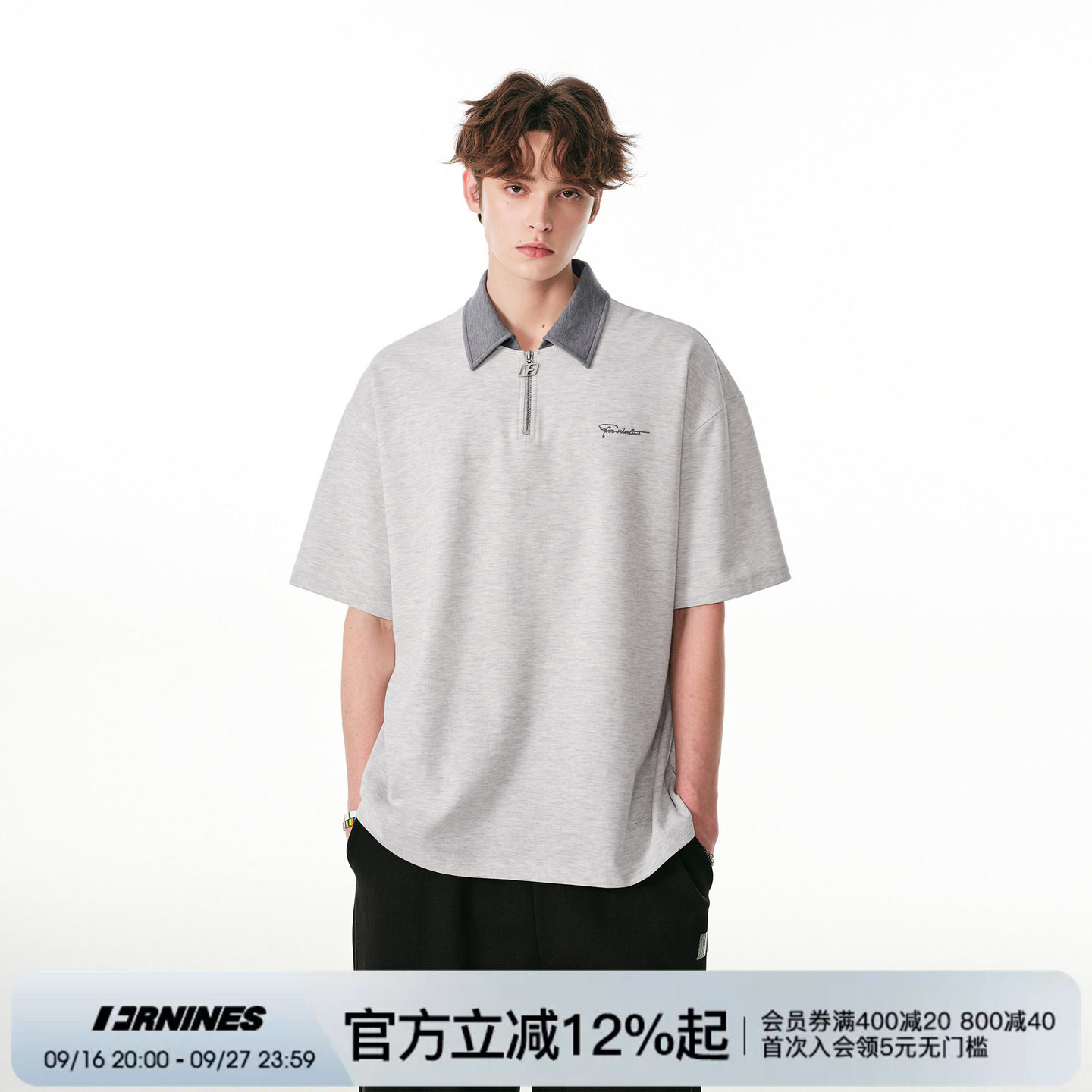 FORNINES假两件刺绣短袖t恤男士夏季翻领半拉链灰色polo衫上衣女图片