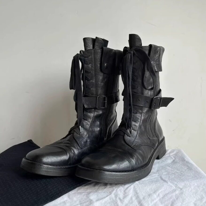 暗黑复古真皮绑带中筒马丁靴男女真皮战靴侧拉链机车靴伞兵骑士靴