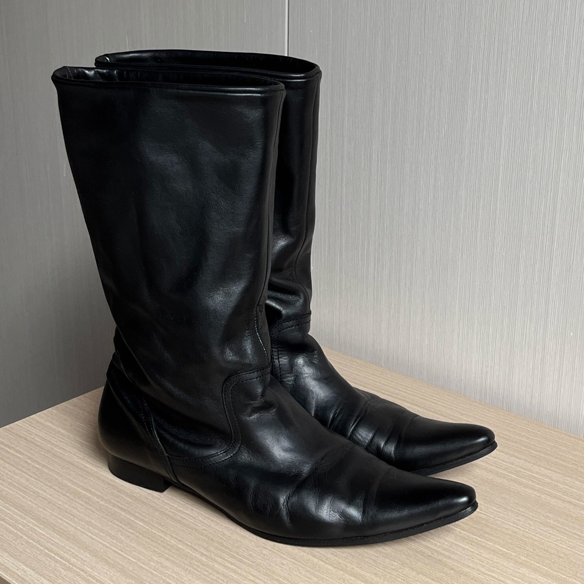 日系山本复古西部牛仔靴男女真皮中筒骑士靴尖头巫师靴褶皱机车靴,流行男鞋,时装靴,淘宝优惠券,粉丝福利购,淘宝优惠卷