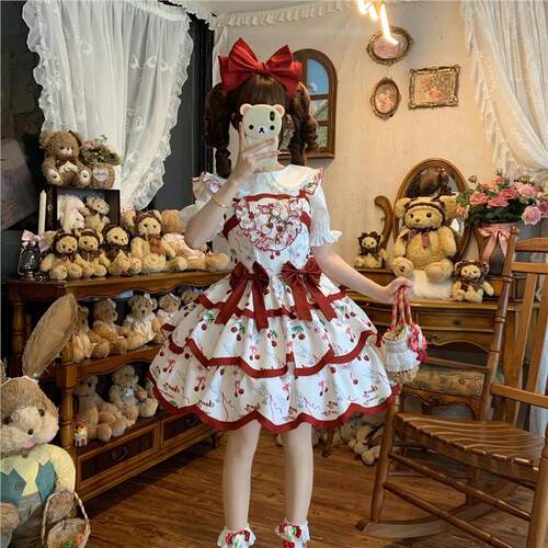红色樱桃Lolita裙jsk甜心日常cla系田园可爱风轻lo裙洛丽塔甜美现