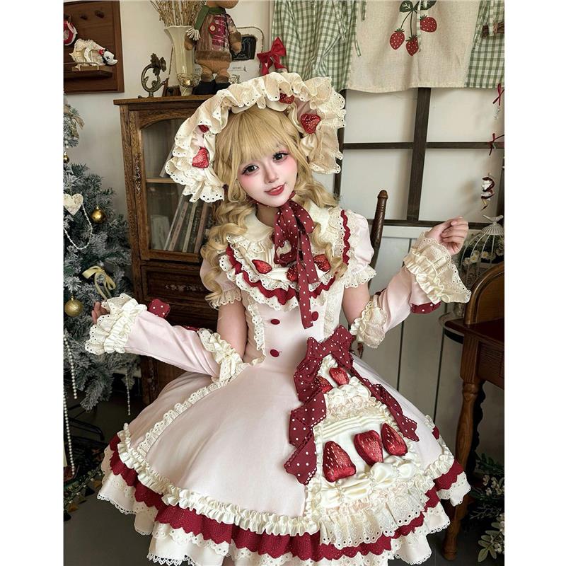 甜美少女草莓蛋糕短袖可爱古早Lolita连衣裙洋装花嫁OP蓬蓬公主裙