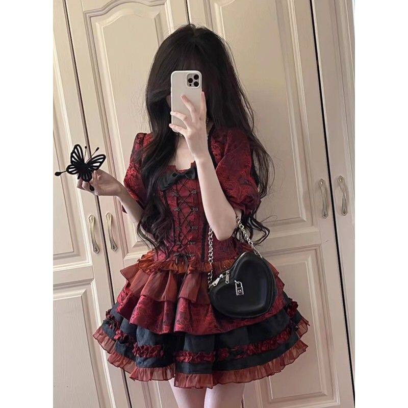 暗黑系列lolita公主蓬蓬裙套装夏季泡泡袖短款外套抹胸萝莉蛋糕裙