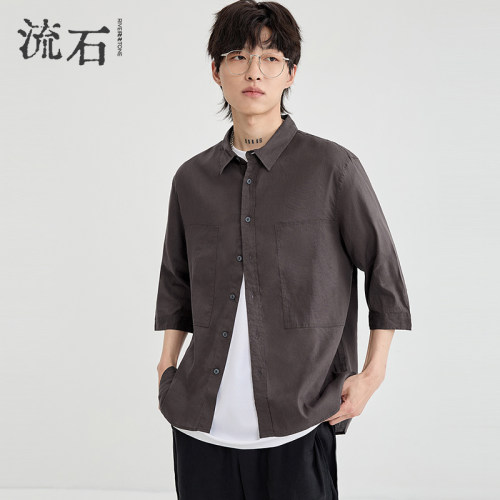 流石男装夏季亚麻透气短袖衬衣潮