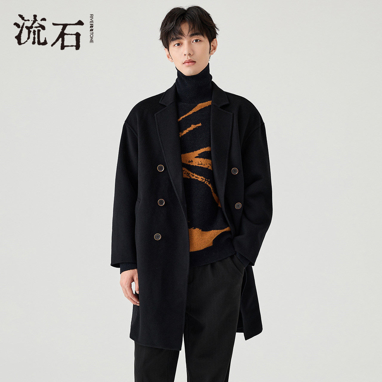 流石男装冬装中长款羊毛双面呢大衣2025年新款冬季男士毛呢外套厚