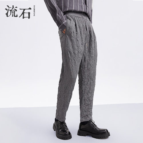 流石男装秋装皱感条纹九分裤子