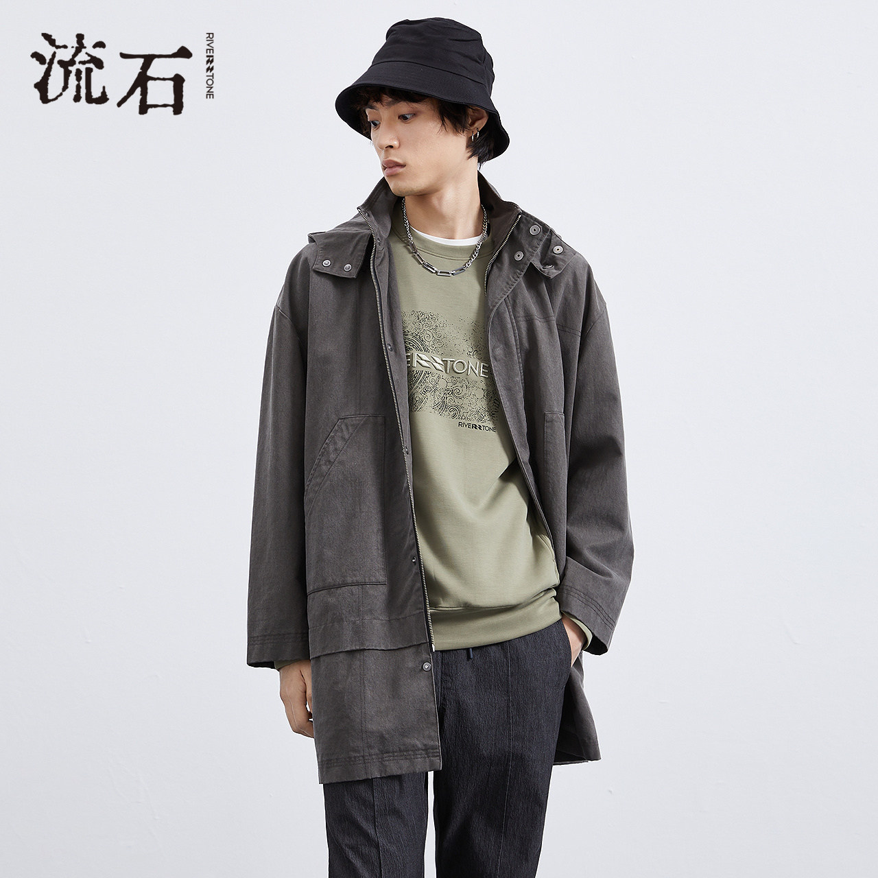 流石男装冬装派克风中长款风衣2026年新款春季高端男士连帽外套