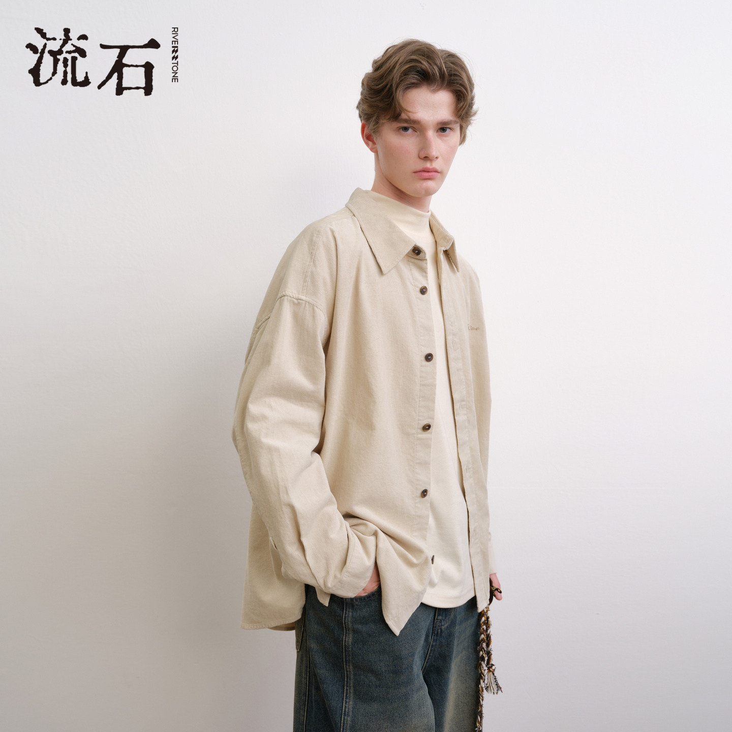 流石男装灯芯绒透气衬衫外套2026年春季新款男士纯棉刺绣翻领夹克