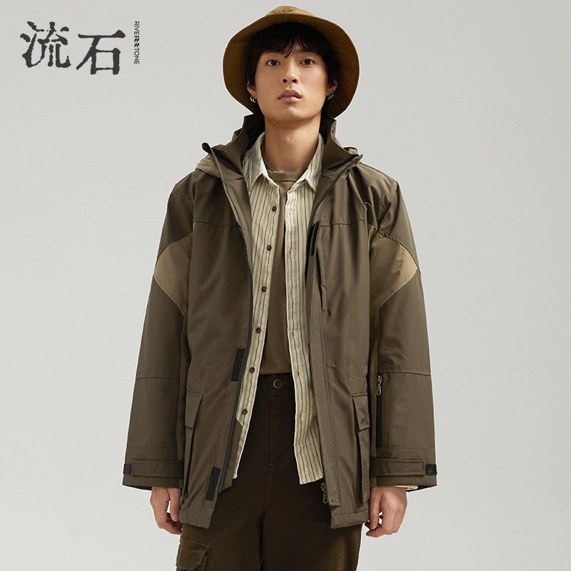 流石男装山系户外风工装连帽棉衣2026年春季新款防寒棉服保暖外套
