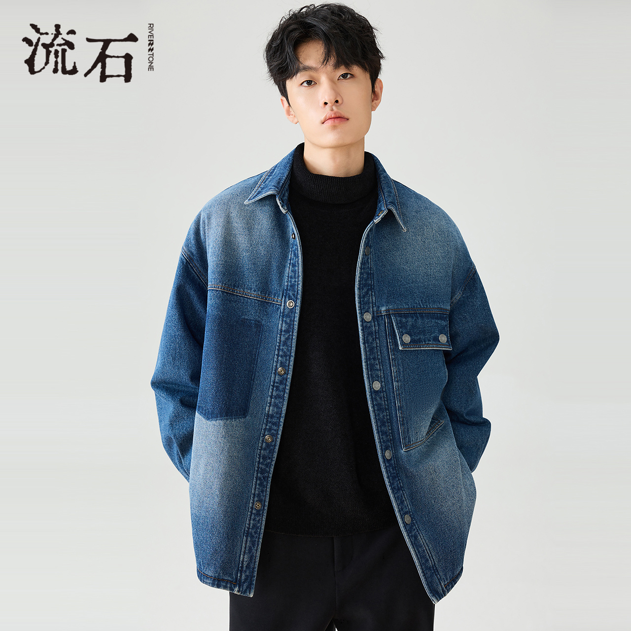 商场同款流石男装水洗牛仔羽绒衣