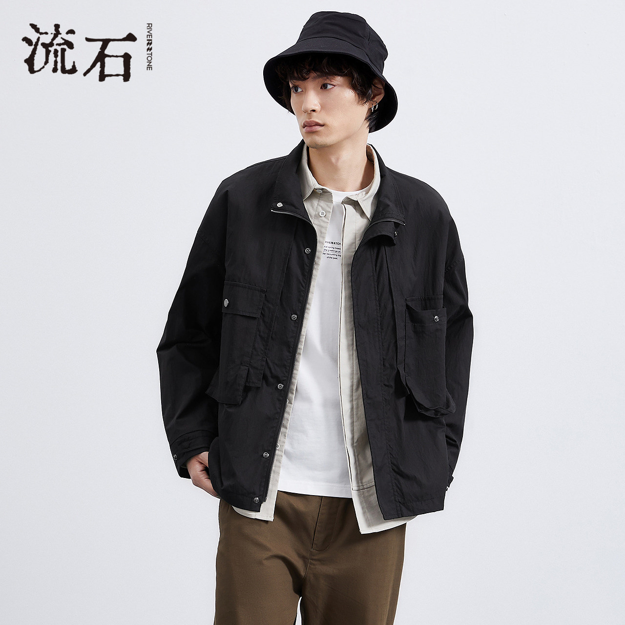 流石男装春装宽松时尚外套2026新款春季男士高端立领工装短款夹克