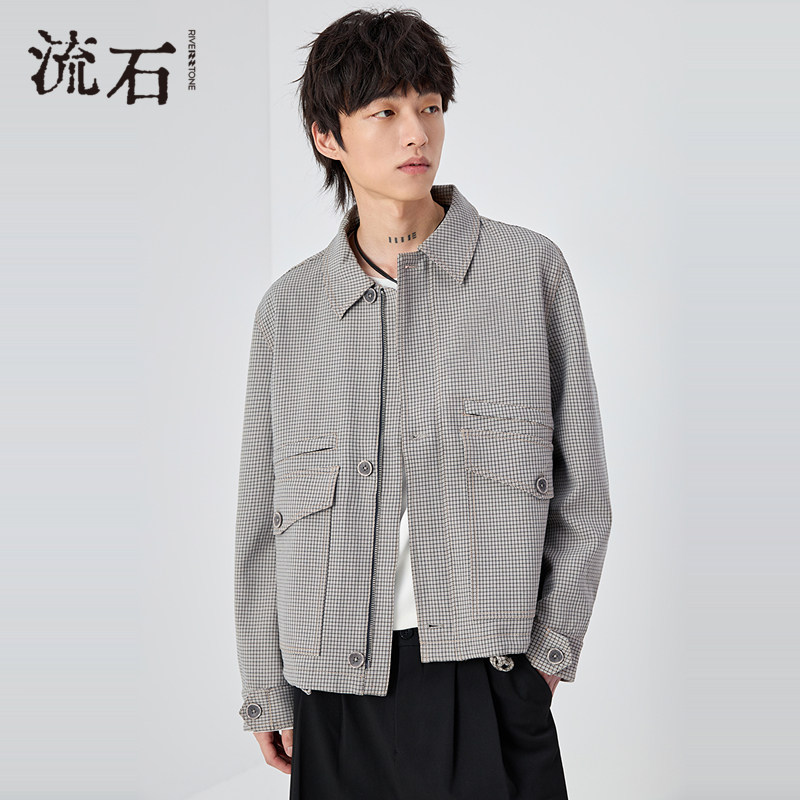 流石男装千鸟格纹外套男士2026年新款春季高端男款休闲短款夹克衫