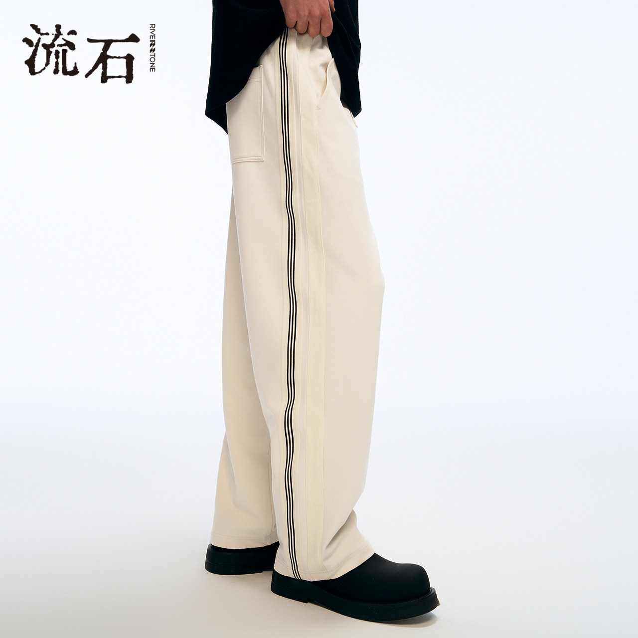 流石男装个性织带拼接运动裤2026年春季新款男士宽松针织休闲长裤