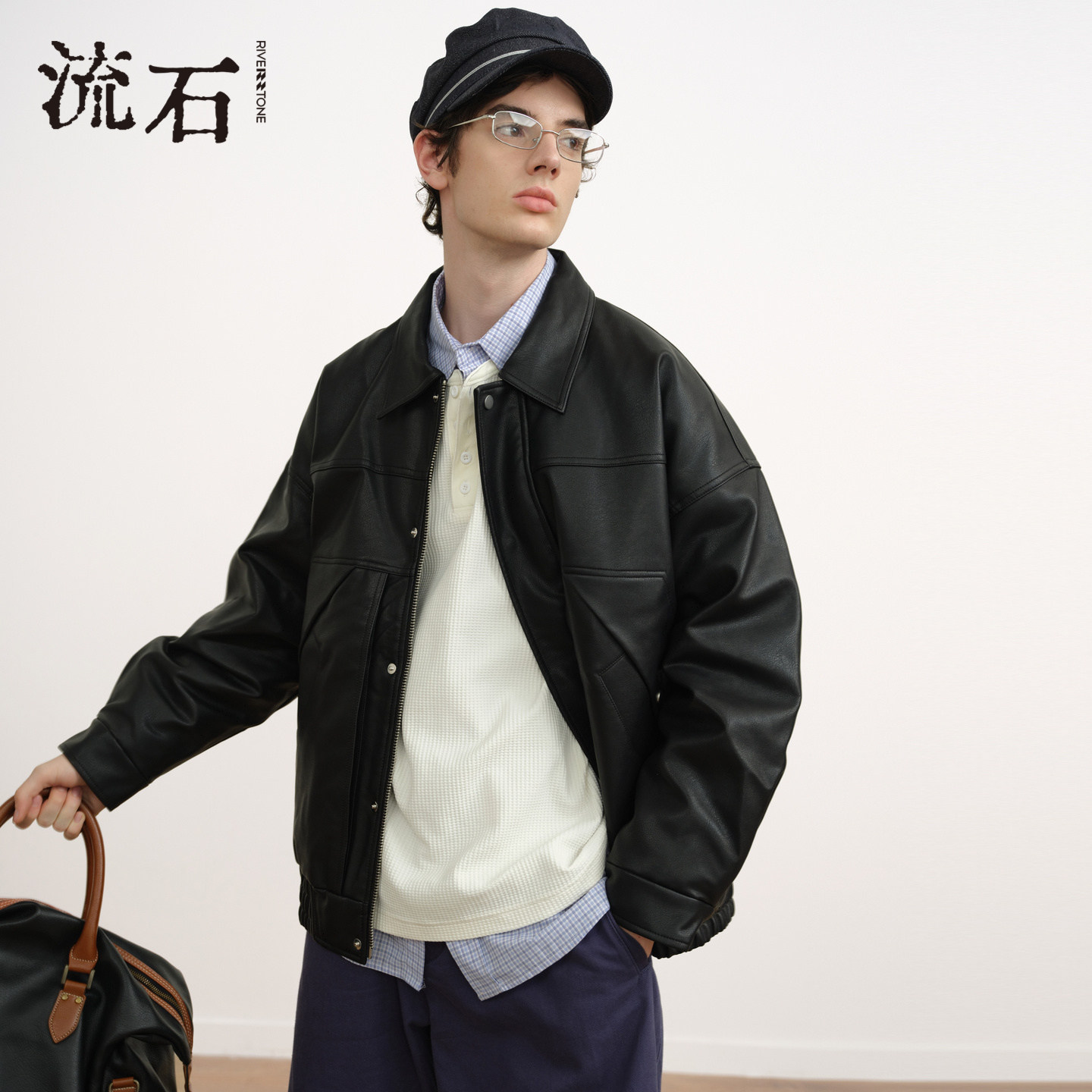 流石男装经典PU皮羽绒服2026年春季新款男款高级感硬朗白鸭绒外套