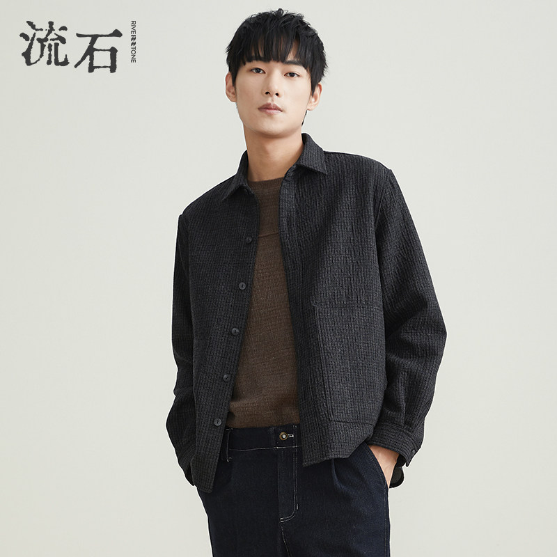 流石男装宽松休闲羊毛外套男士春季新款保暖毛呢短款夹克加厚款