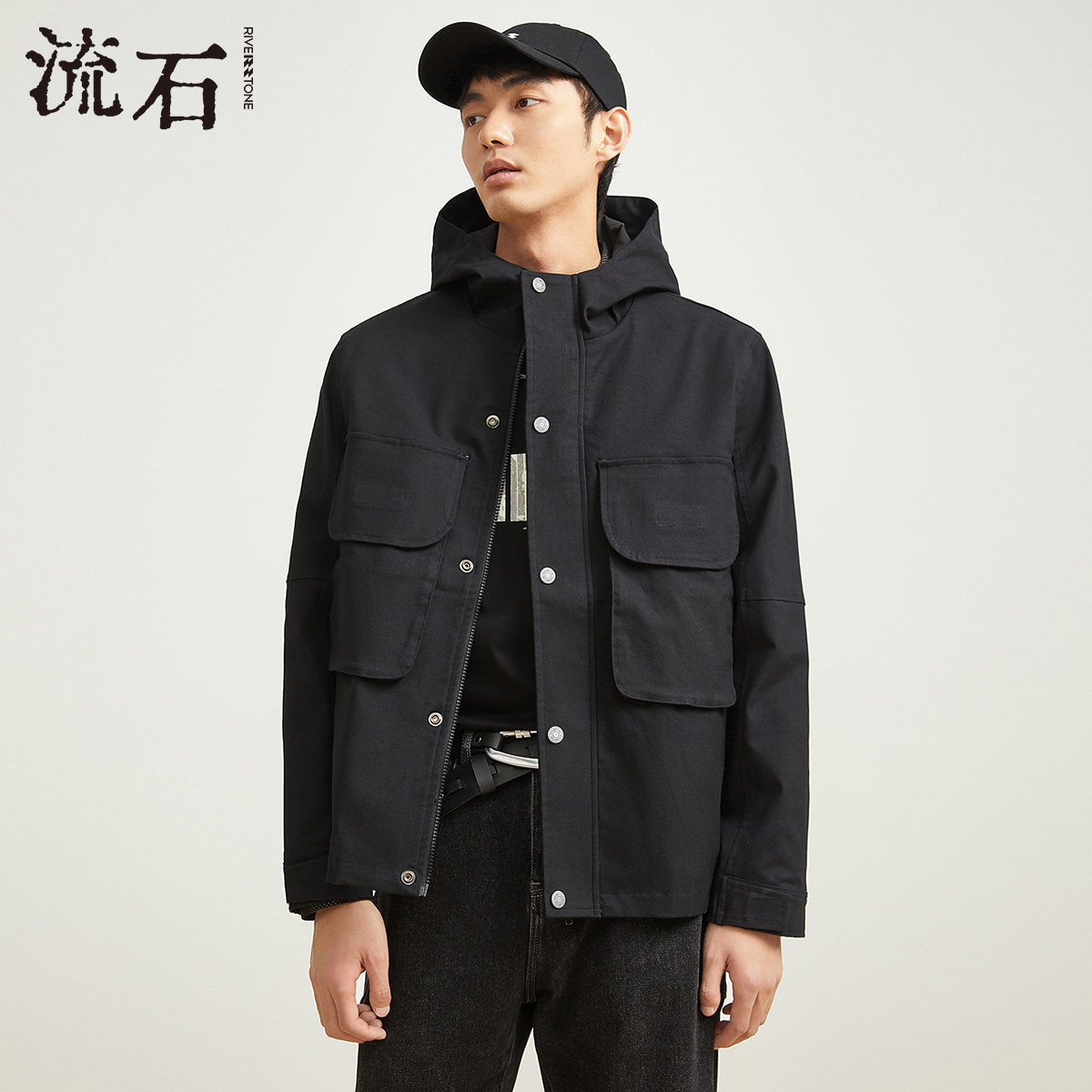 流石男装秋装宽松休闲连帽风衣外套新款2026春季机能短款夹克上衣
