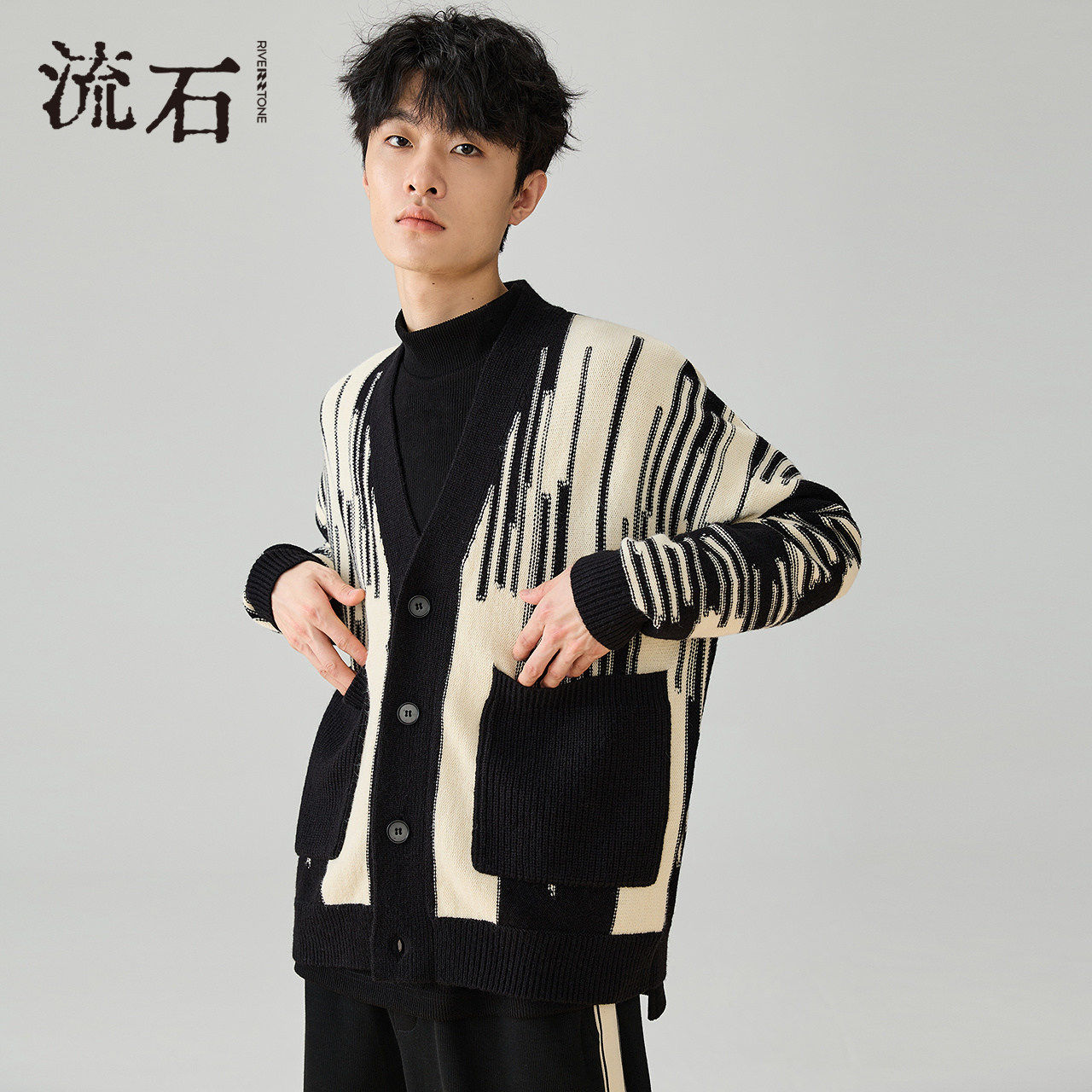 流石男装时尚撞色条纹羊毛针织开衫2026年春季新款宽松慵懒毛衣男