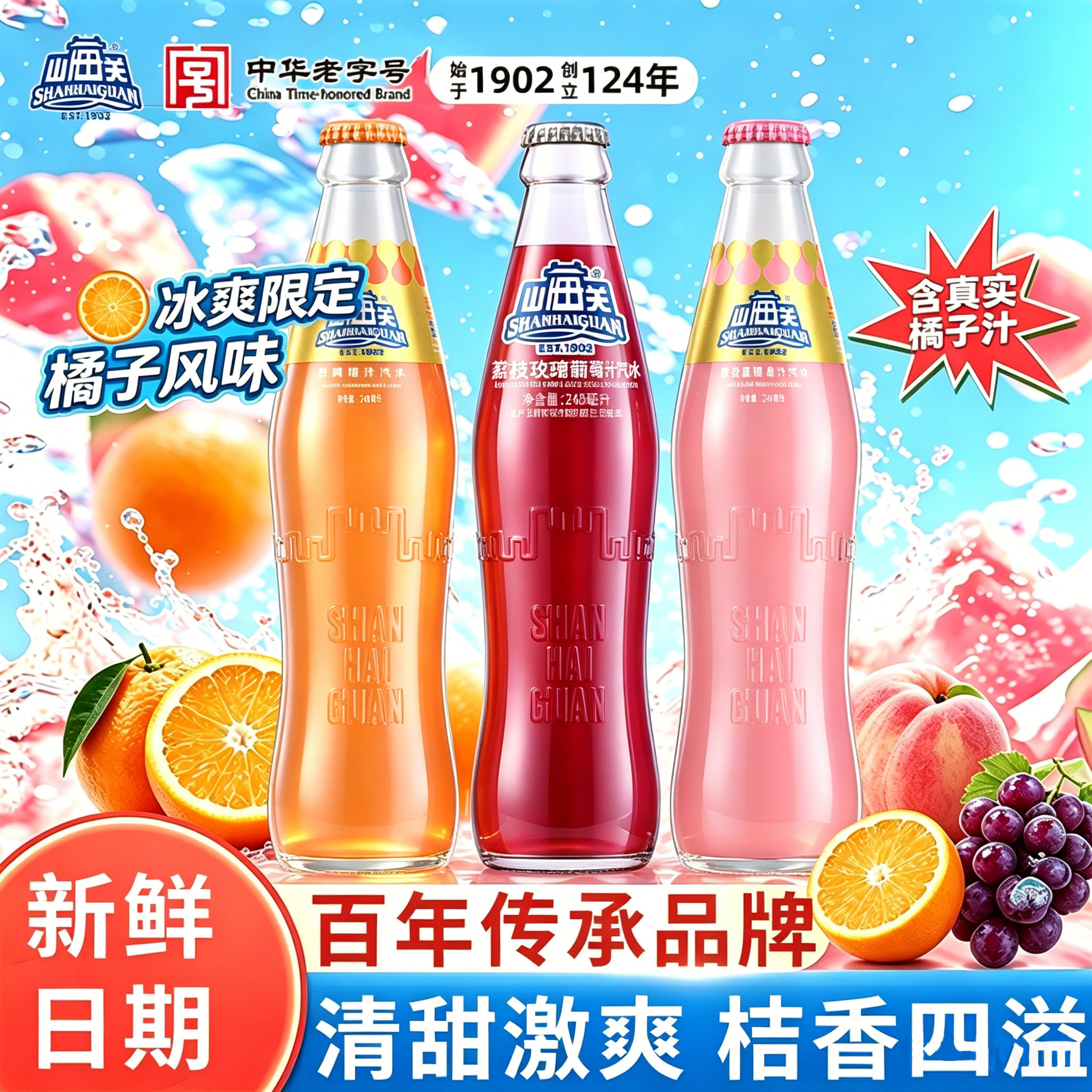 山海关桔汁汽水玻璃瓶装荔枝蜜桃果汁整箱葡萄果味碳酸饮料气泡水