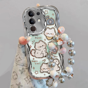 适用vivoY300T手机壳新款创意卡通小白狗Y50 5G电镀奶油纹硅胶保护套50 4g镜头全包防摔软壳时尚女款潮流手链