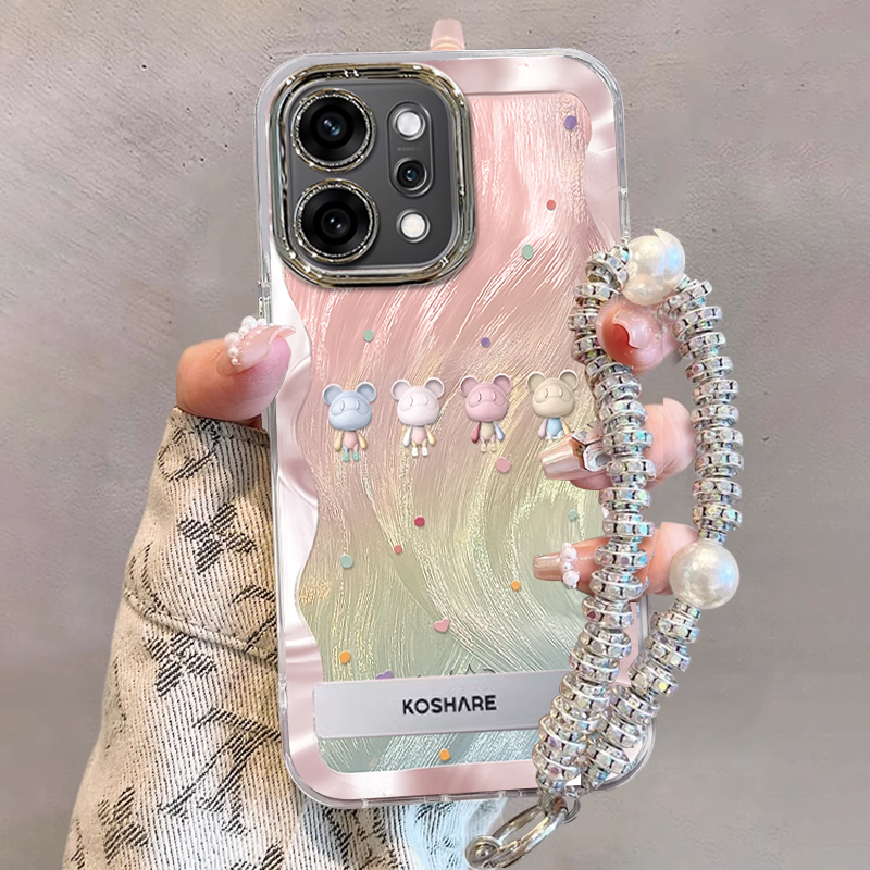 适用OPPOReno14手机壳新款精孔羽纱Reno14Pro奢华高级感彩色小熊镜头膜防摔保护套时尚新潮高颜值手链