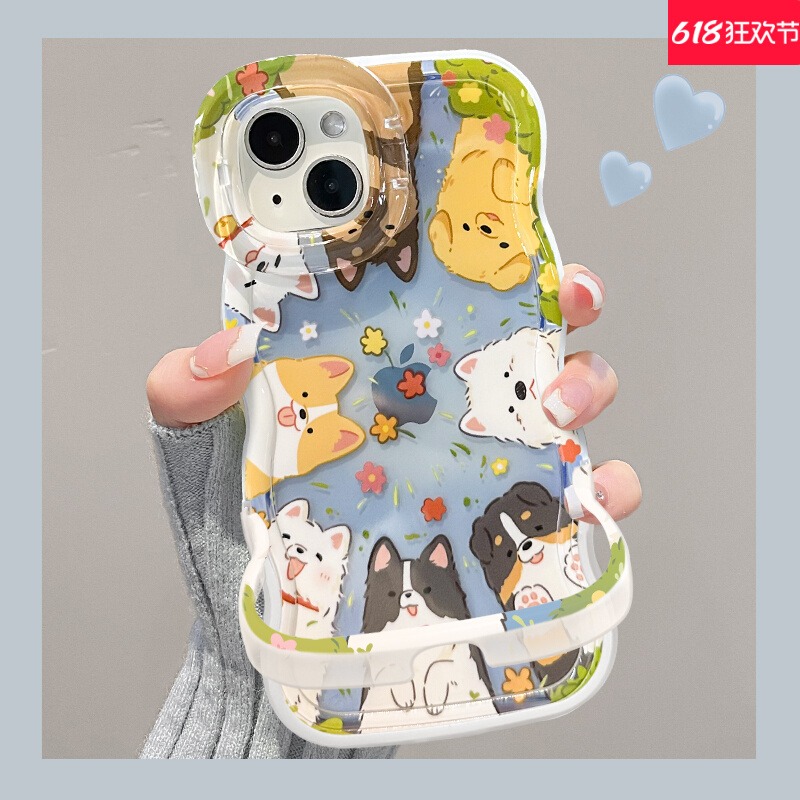 适用苹果16promax手机壳新款iPhone15pro双支架波浪14plus防摔13可爱女款12卡通xsmax满屏狗狗XR全包保护套