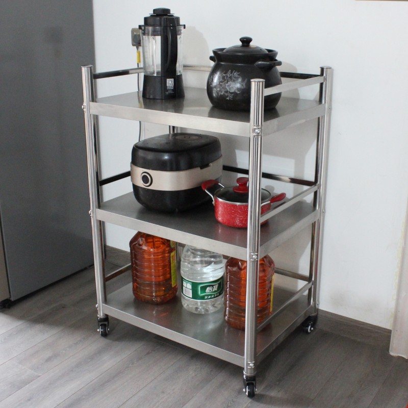 100高三层护栏带轮不锈钢厨房置物架家收纳储物架微波炉架可移动3