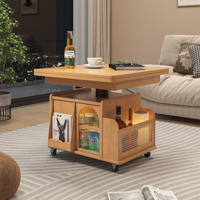 升降茶几可移动边几推车茶台实木边柜带轮茶桌多功能折叠餐桌两用