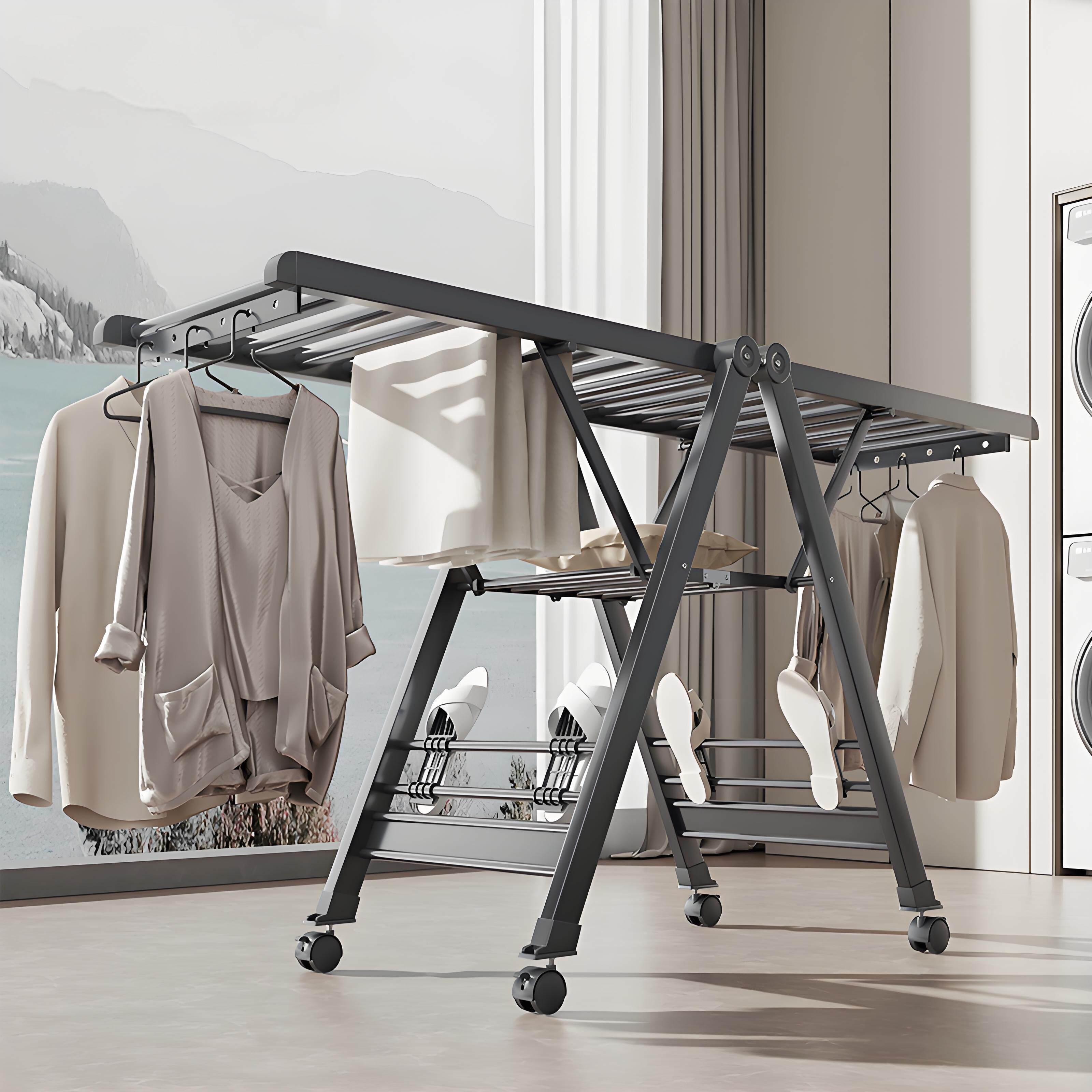 四季沐歌太空铝立式晾衣架落地可折叠带轮家用收纳耐用防风晾晒架