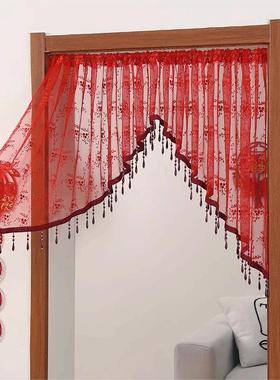 红色结婚门帘蕾丝半帘婚房布置喜庆高级帘子新款装饰帘免打孔纱帘