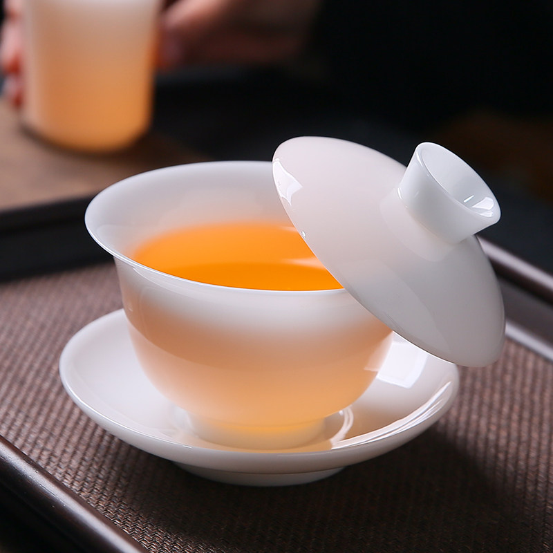 冰种羊脂玉瓷悬停盖碗茶杯单个大号白瓷三才泡茶碗茶具家用不烫手