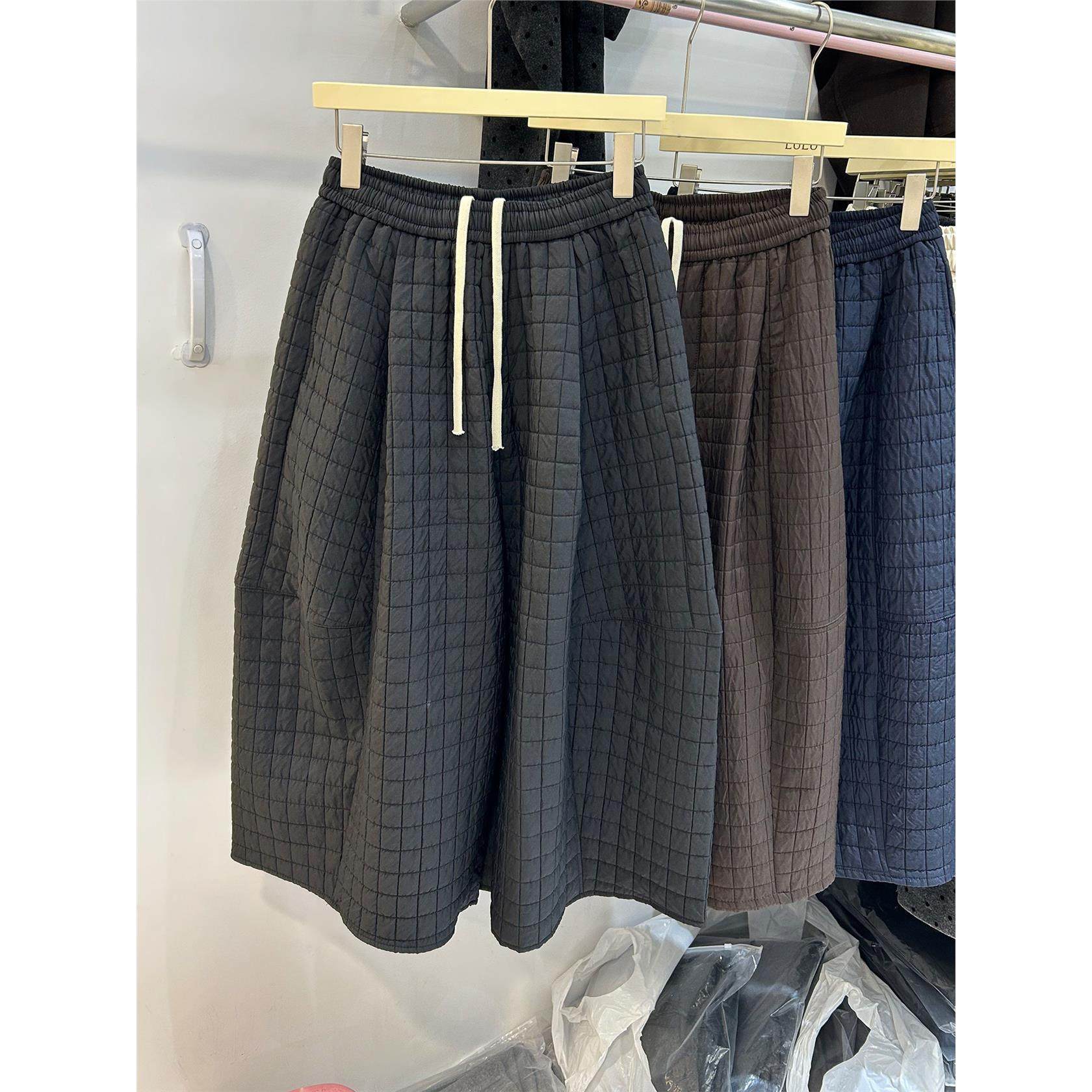 韩系夹棉格纹八分阔腿裤女冬2025新款小个子宽松慵懒风直筒休闲裤