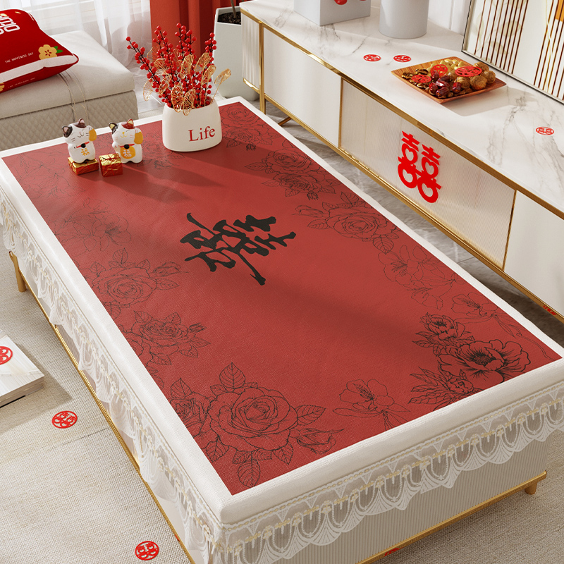 红色结婚桌布客厅茶几全包防水防污桌套2025新款餐桌通用烤火桌罩