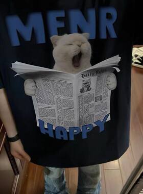 美式夏季重磅报纸小猫宽松T恤
