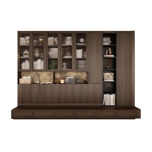 宋式美学实木卡座书柜墙现代简约去客厅化沙发柜藤编背景墙储物柜