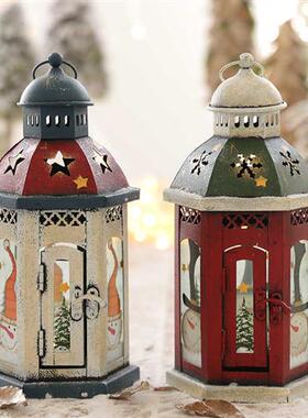 北欧复古圣诞风灯铁艺烛台 家居客厅餐桌圣诞节装饰摆件礼物烛台