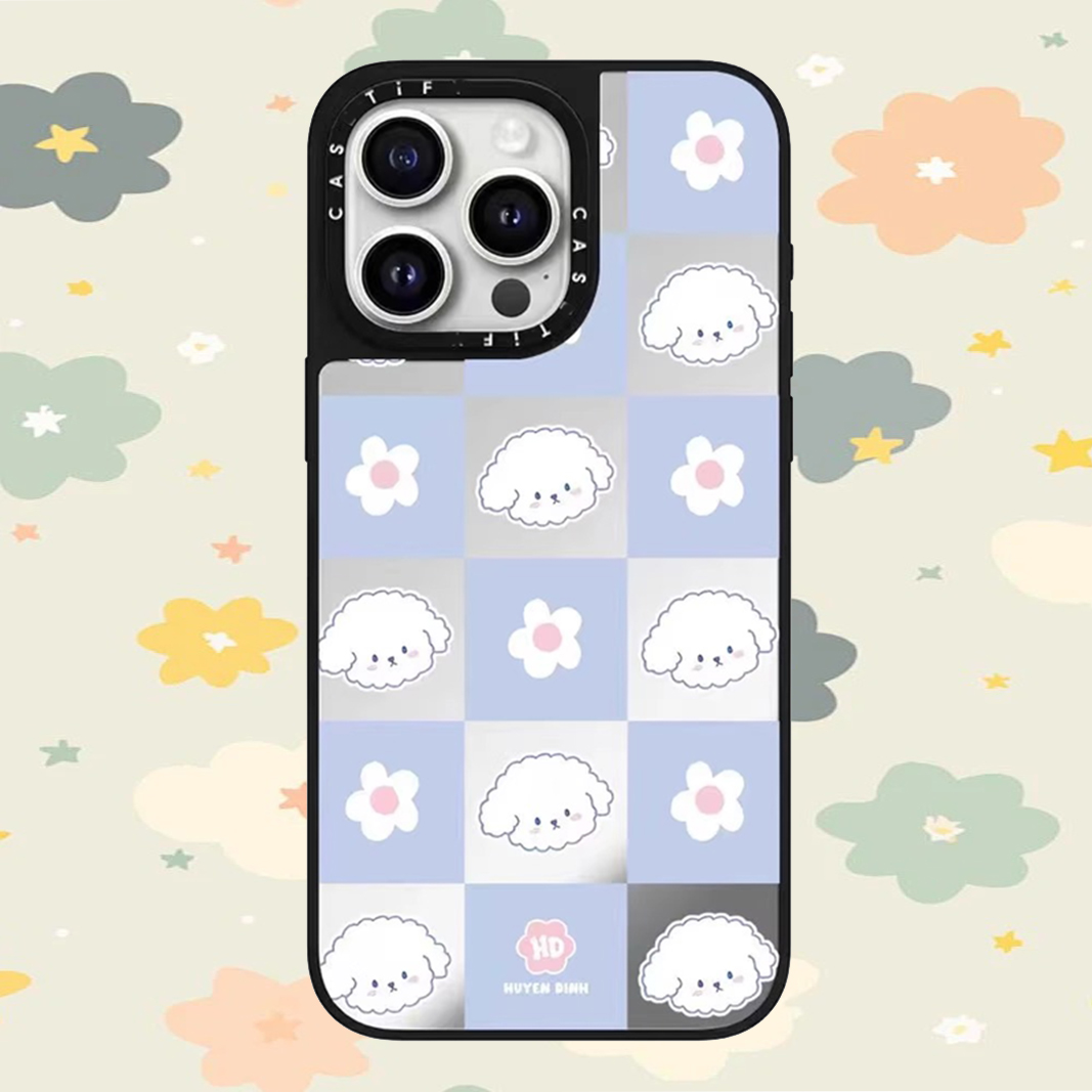 全品CASETiF壳联名Huyen Dinh萌宠比熊狗狗卡通可爱适用苹果15promax壳iphone14镜面透明13奢华16