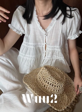 法式亚麻白色蕾丝泡泡袖娃娃衫